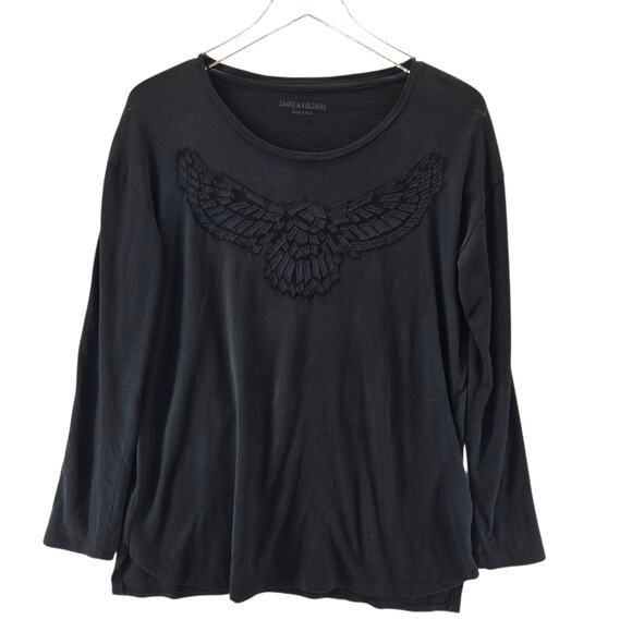 Zadig & Voltaire Long Sleeve Tee Axy Lace Black Embroidered Eagle Womens Medium - Picture 1 of 8